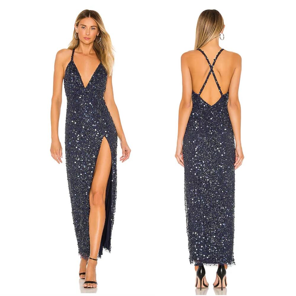 NBD Paloma Embellished Gown Navy Blue Beaded Plunge Side Slit Sleeveless Sz S